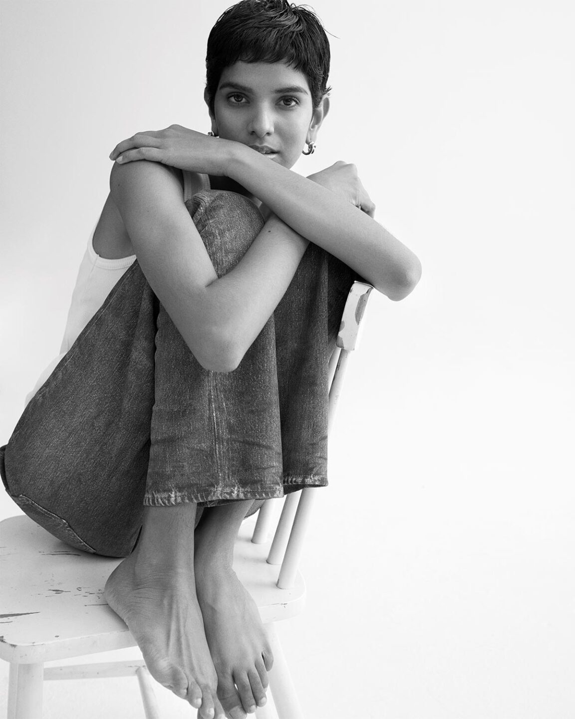 Nandita Banna wears cotton tank top and calfskin jeans, both from Bottega Veneta