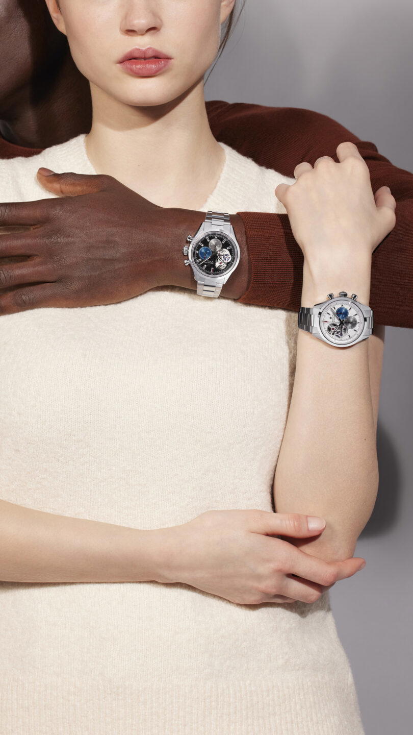 This year, Zenith reintroduces the Chronomaster Open, its beloved mid-2000s flagship design that offers a view of the El Primero escapement from the dial. The updated interpretation features a new case and dial design, as well as the El Primero 3600 automatic high-frequency chronograph movement equipped with a 1/10th of a second chronograph function and a power reserve of 60 hours (Credit: Zenith)