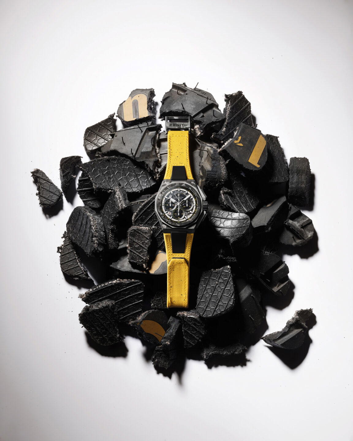 The Defy Extreme E watches from Zenith are delivered with rubber straps made from recycled Continental CrossContact tyres used in races (Credit: Zenith)