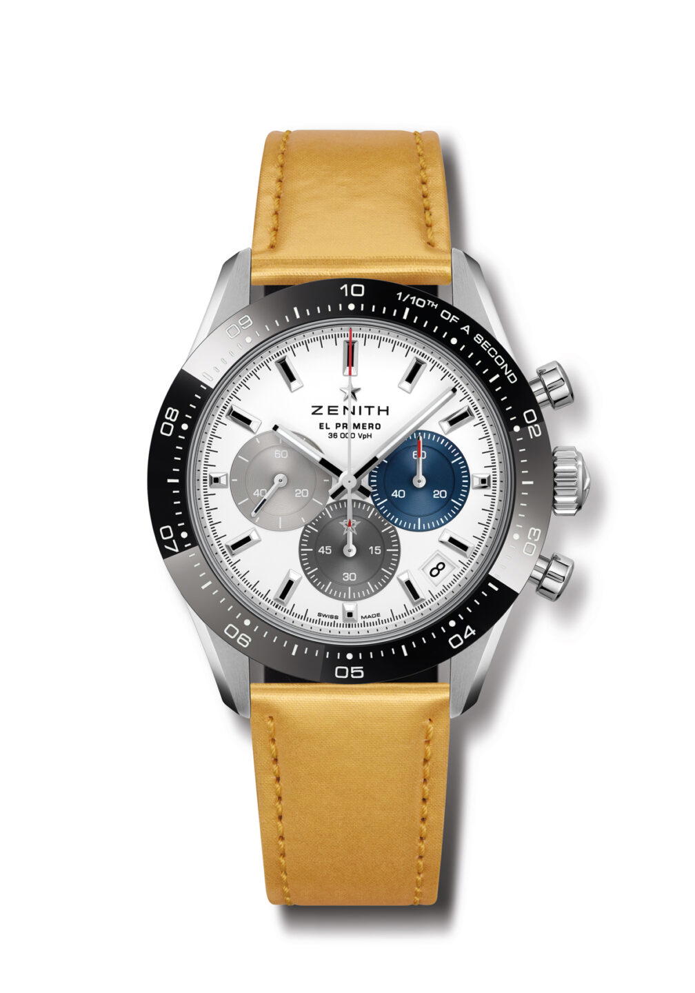 In a shimmery gold cotton blend, Nona Source’s “Pale Marigold” strap is one of three straps made from upcycled LVMH fashion fabrics (Credit: Zenith)