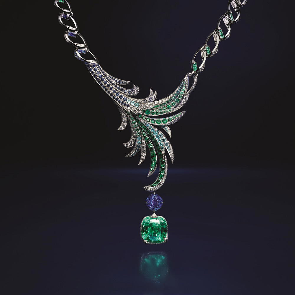Gulfstream necklace in white gold with a 25-ct cushion-cut emerald, emeralds, sapphires, Paraiba tourmalines and diamonds (Credit: Chaumet)