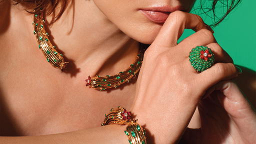 Cactus de Cartier necklace and bracelet in yellow gold with rubies, emeralds and diamonds, Cactus de Cartier ring and earring in yellow gold with carnelians, emeralds and diamonds (Credit: Joel Low)