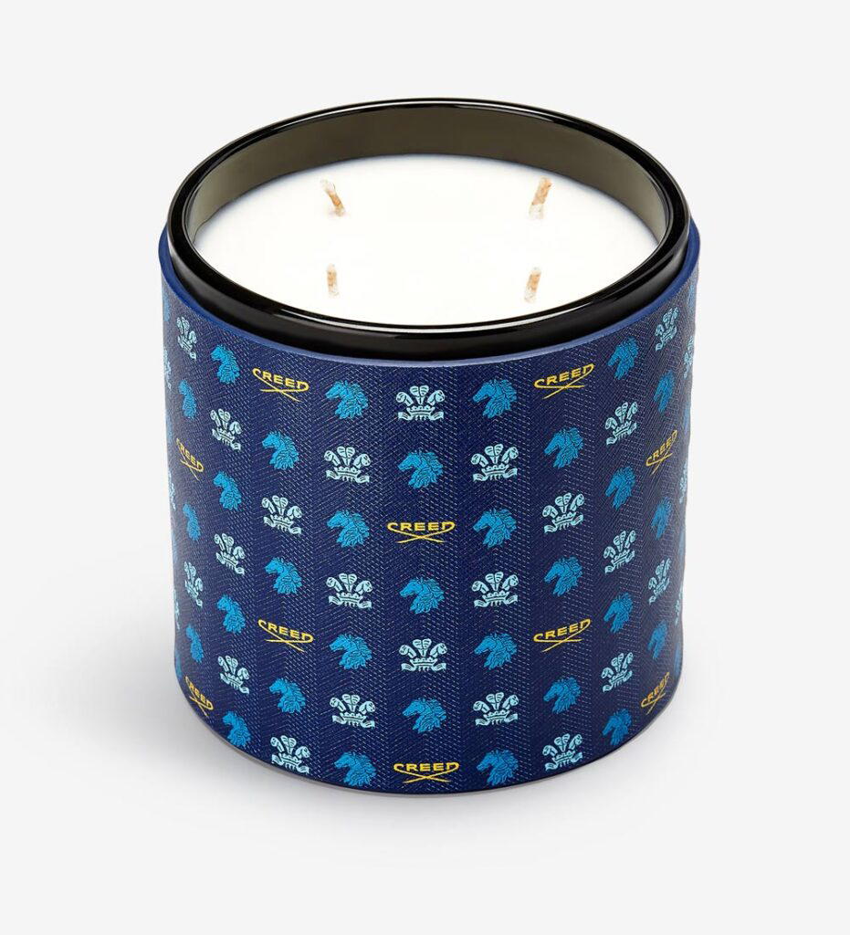 Candle with blue leather case, from Creed