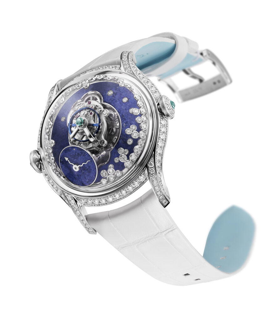 The Legacy Machine Flying T ‘Blizzard’ features a diamond-set white gold case and a matte lapis lazuli dial (Credit: MB&F)