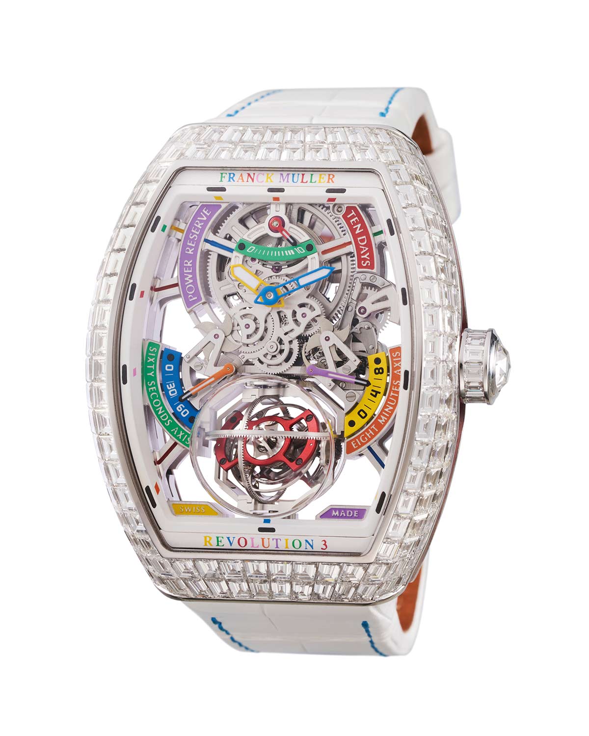 Franck Muller Vanguard Revolution 3 Skeleton Cortina Watch 50th Anniversary Special Edition in white gold with diamonds