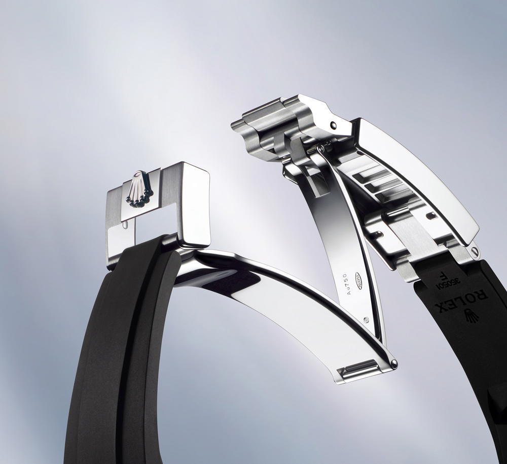 The Oyster Perpetual Yacht-Master 40 with its signature Oysterflex bracelet and Oysterlock folding safety clasp