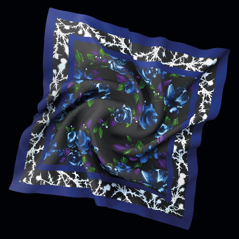 The silk pocket square that accompanies the second and latest bottle in Royal Salute’s Couture Collection