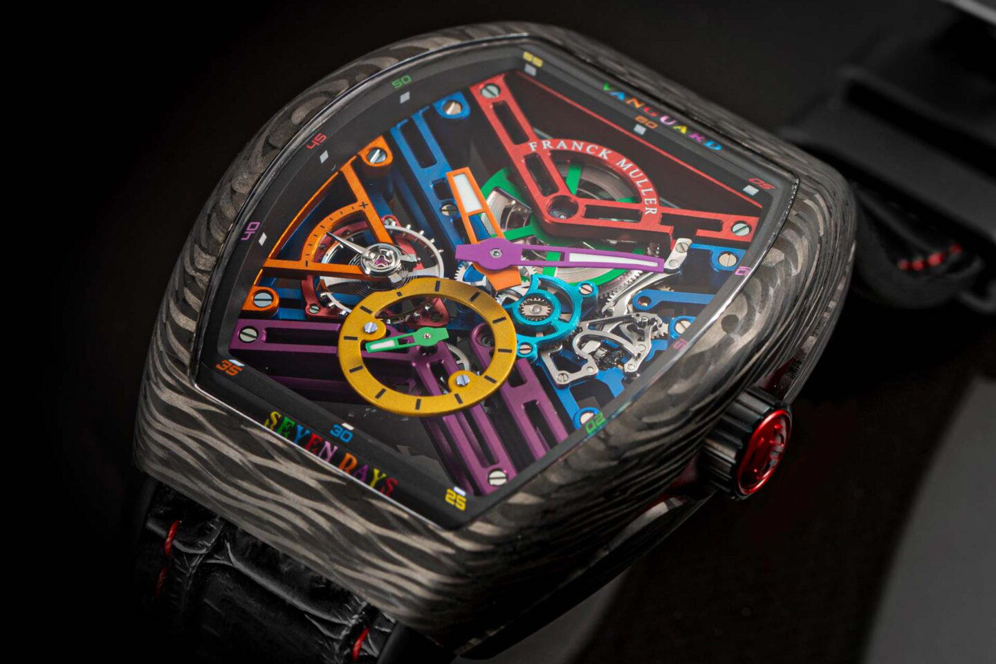 A closer look at the unique carbon fibre striations of the Franck Muller Vanguard Skeleton Colour Dreams