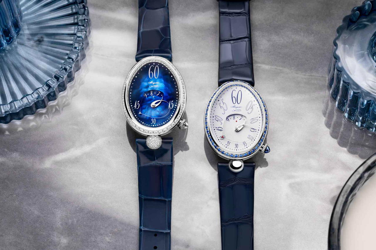 Reine de Naples 9835 (left) and 9838 (right) in white gold with diamonds or sapphires (Credit: Breguet)