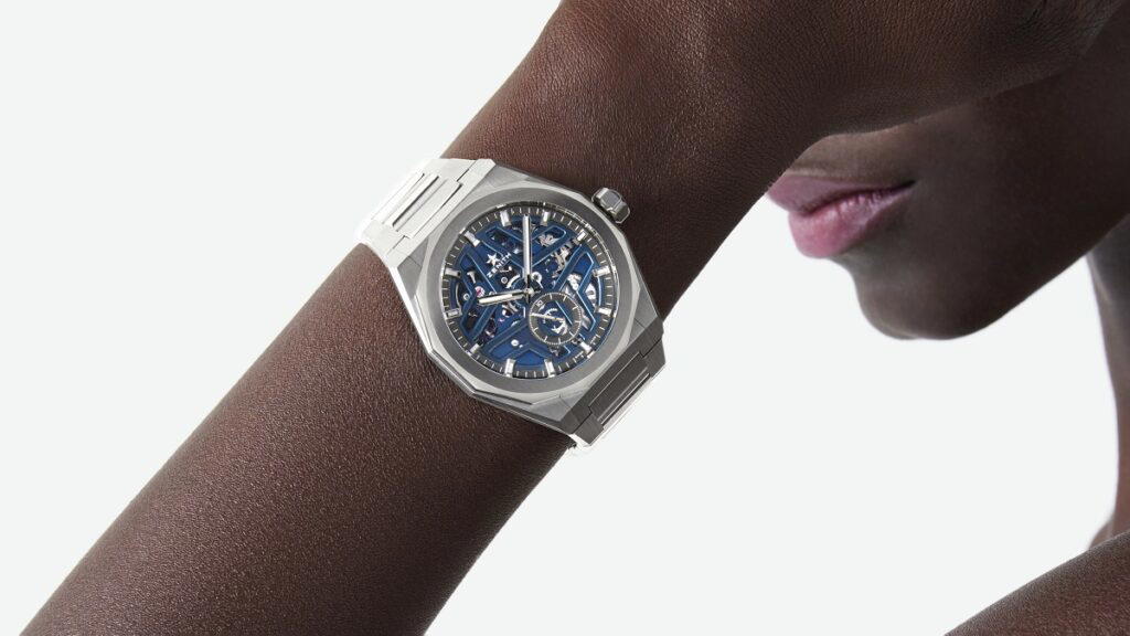 Defy Skyline Skeleton in stainless steel with a blue openworked dial (Credit: Zenith)