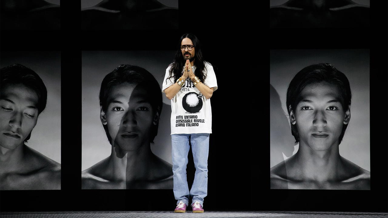 Alessandro Michele takes his bow at his final runway show for Gucci
