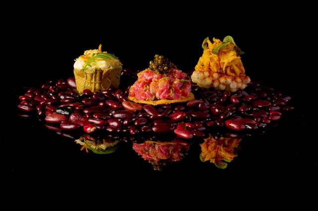 Snack box with sago crab, burrata chaat and wagyu caviar tostada