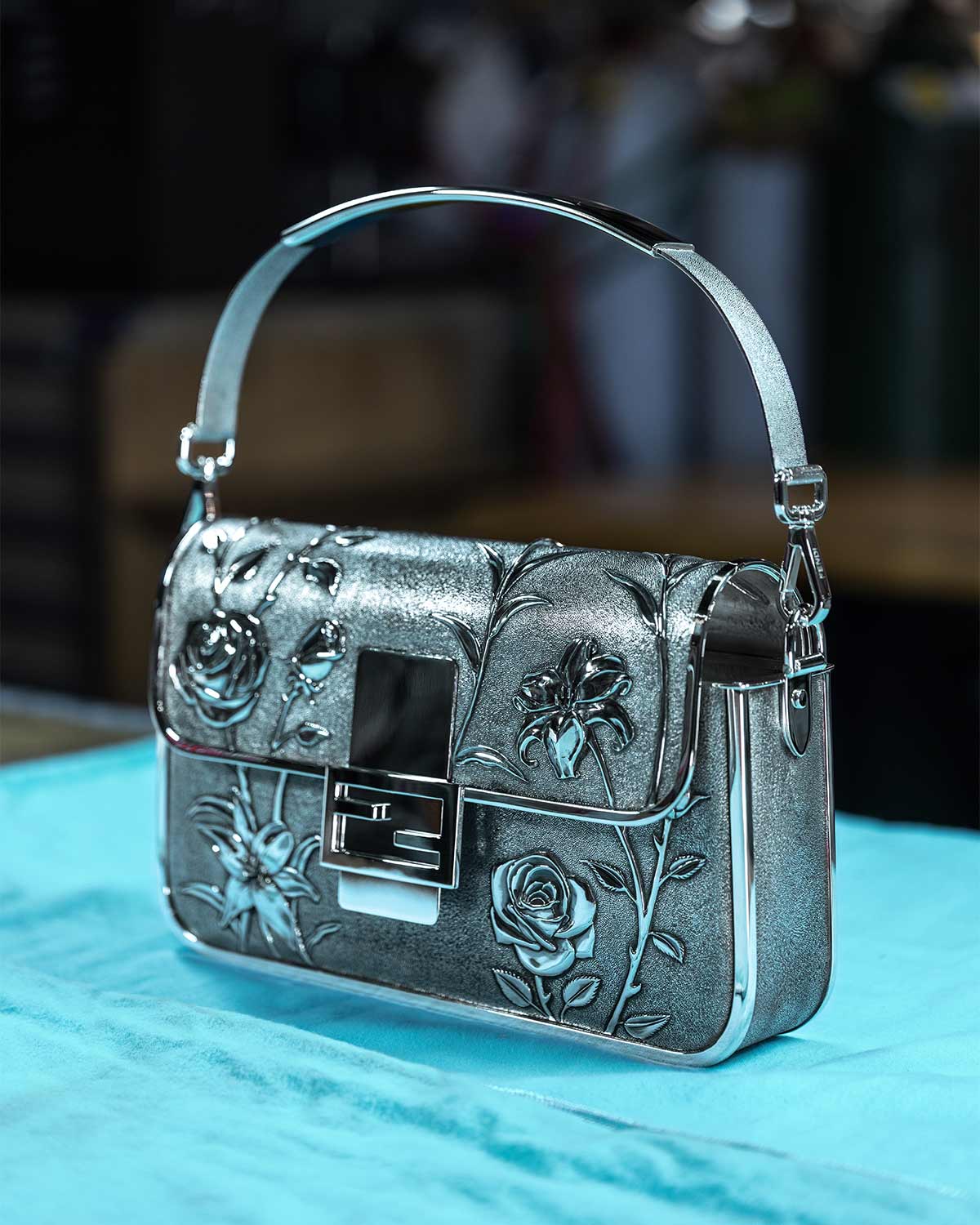 A collaboration between Fendi and Tiffany & Co. comes the Fendi Baguette in sterling silver (Credit: Fendi)