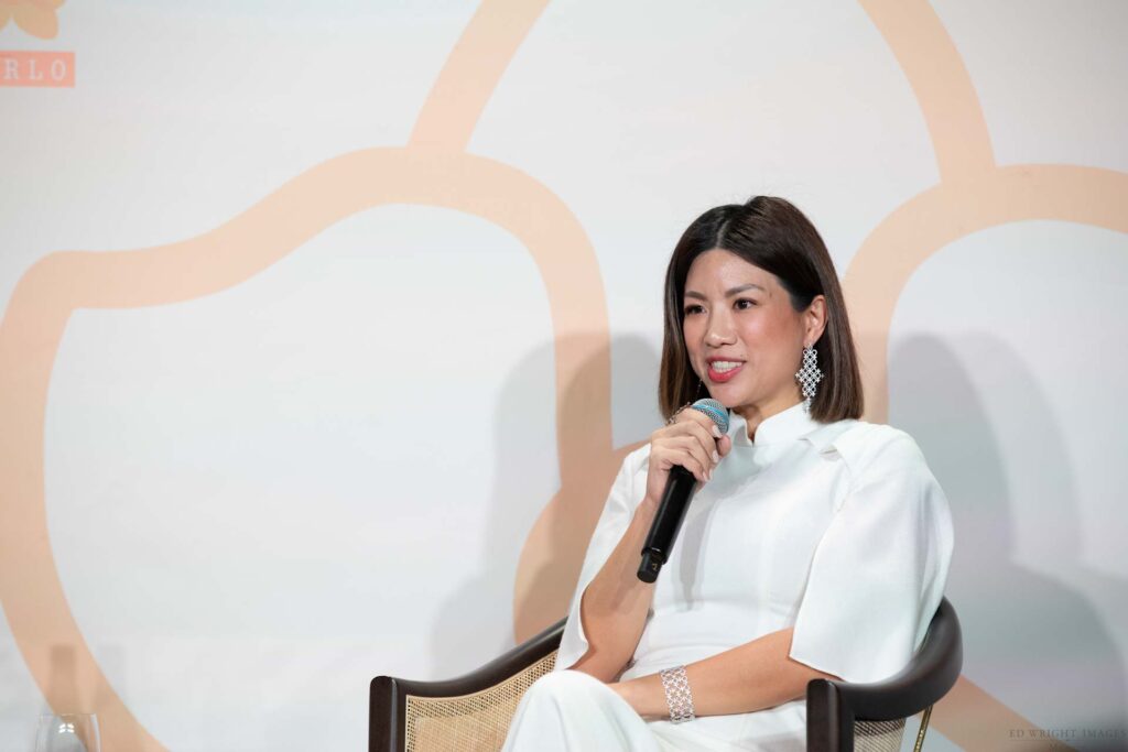 Leanne Robers giving a speech in Monaco