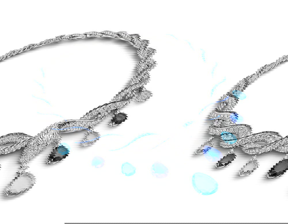 Serpenti Blue Heaven necklace in white gold with tanzanites, aquamarines, and sapphires (Credit: Bulgari)