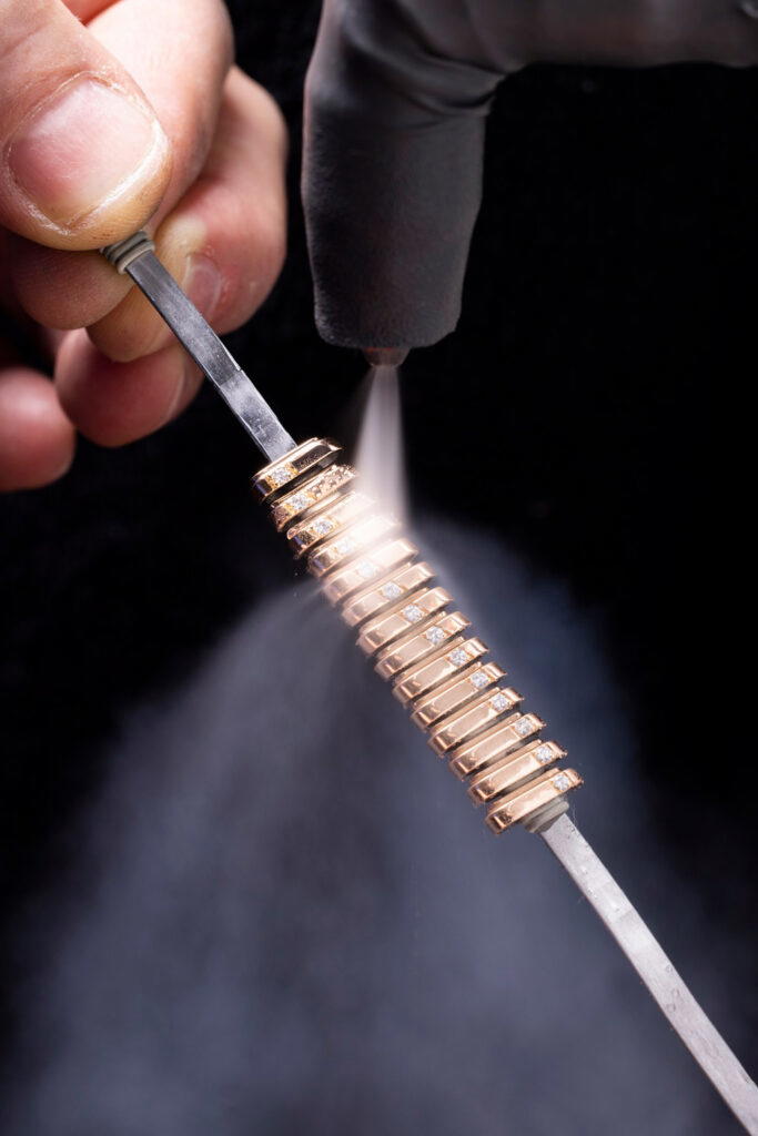 Each bracelet is set with individually molded, polished and gem-set rings assembled on a titanium blade (Credit: Bulgari)