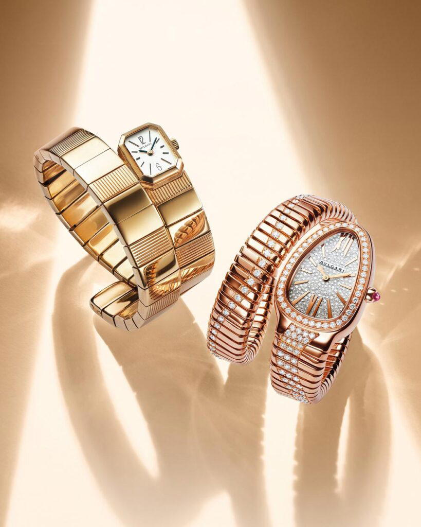 An example of the first Serpenti bracelet watch (left) and the new Bulgari Serpenti Tubogas Infinity (right) with its sleek diamond-set bracelet (Credit: Bulgari)