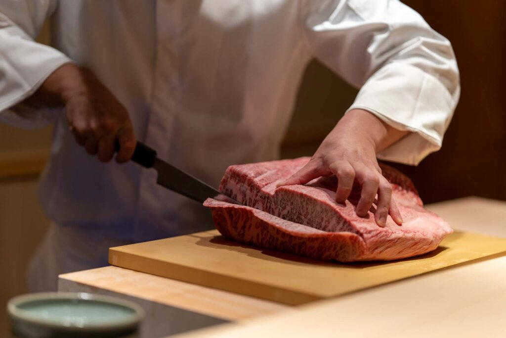 Chef Sakamoto slicing the A5 wagyu