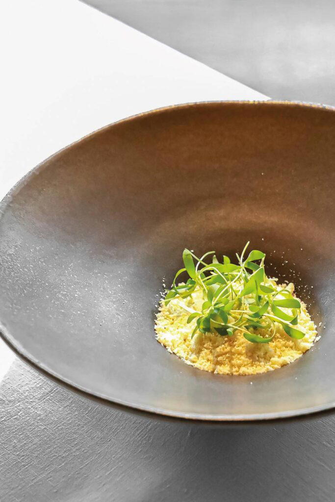 Mascarpone, coriander ice cream, and popcorn at Côte by Mauro Colagreco