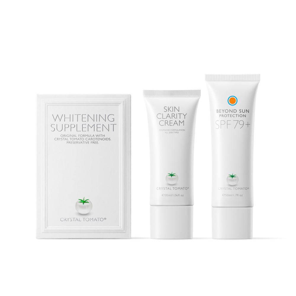 From left to right: Whitening Supplement, Skin Clarity Cream, and Beyond Sun Protection