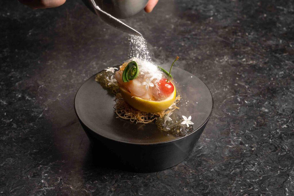 The appetiser: ark shell with spiny lobster