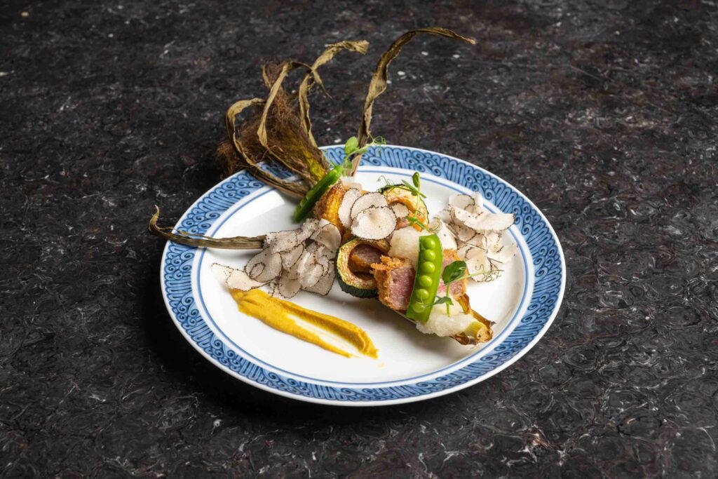 The main dish: A5 miyazaki beef tenderloin servied with young corn and black summer truffle