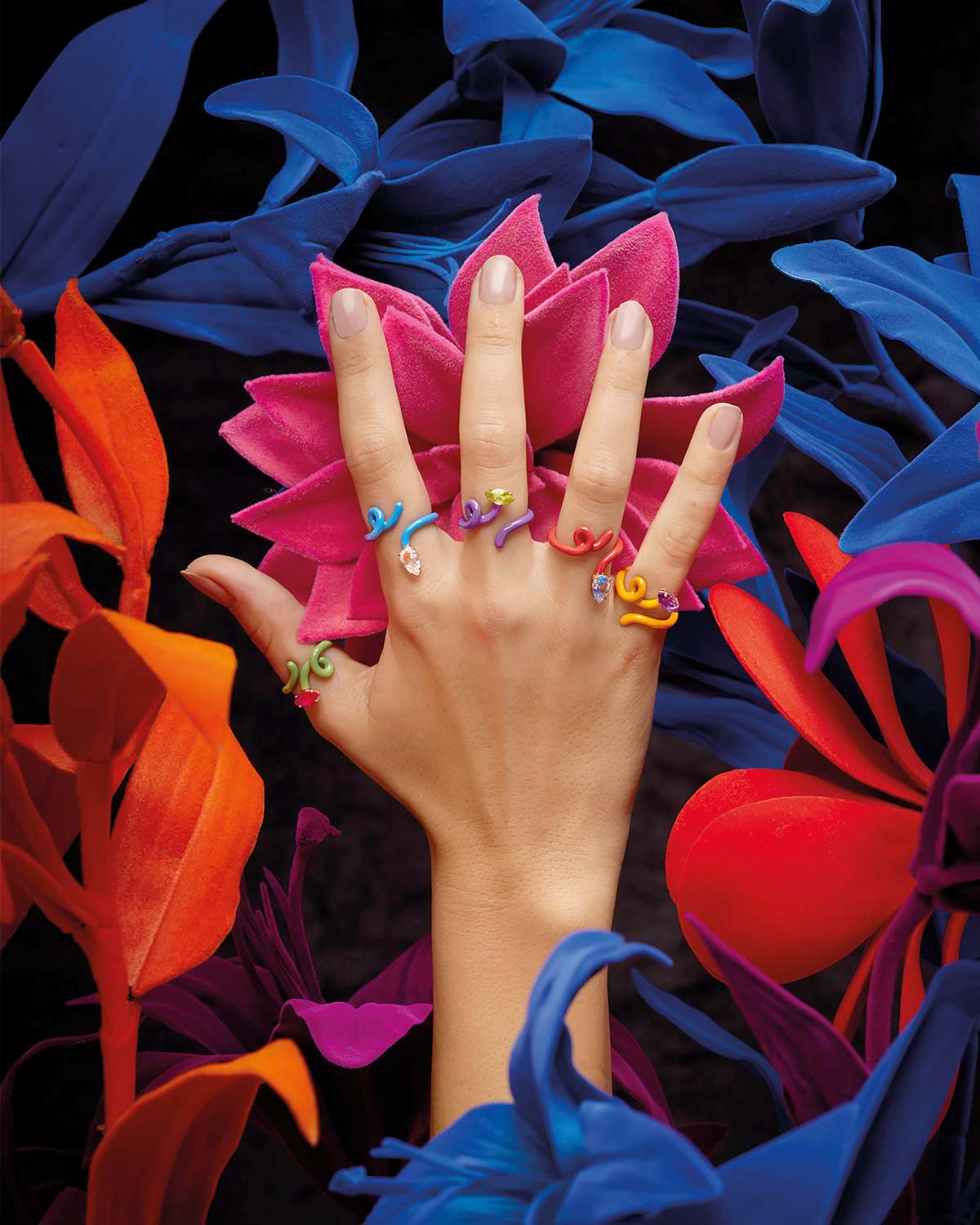 Baby Vine Tendril rings in 9k yellow gold and silver with enamel and coloured stones (Credit: Bea Bongiasca)