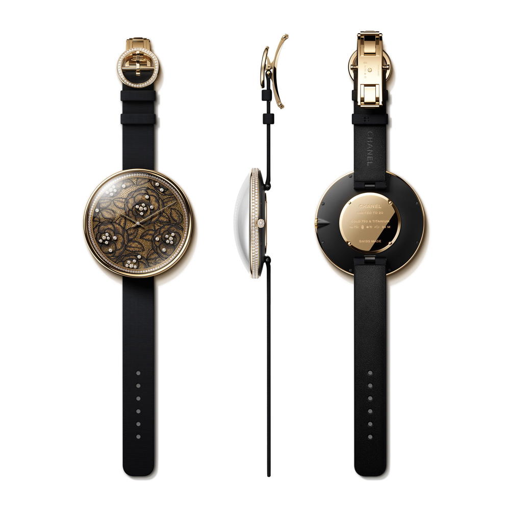 Mademoiselle Privé Pincushion Lace Motif watch in yellow gold with diamonds, pearls and Grand Feu enamel (Credit: Chanel)