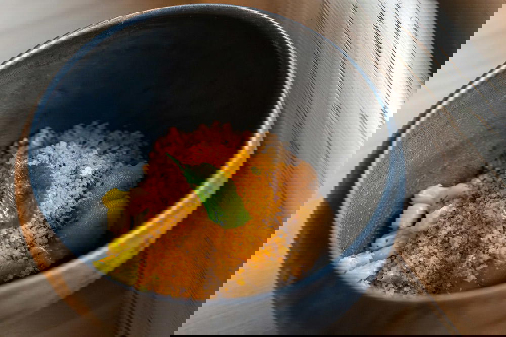 Japanese sweet corn, Bafun uni, and peanut podi