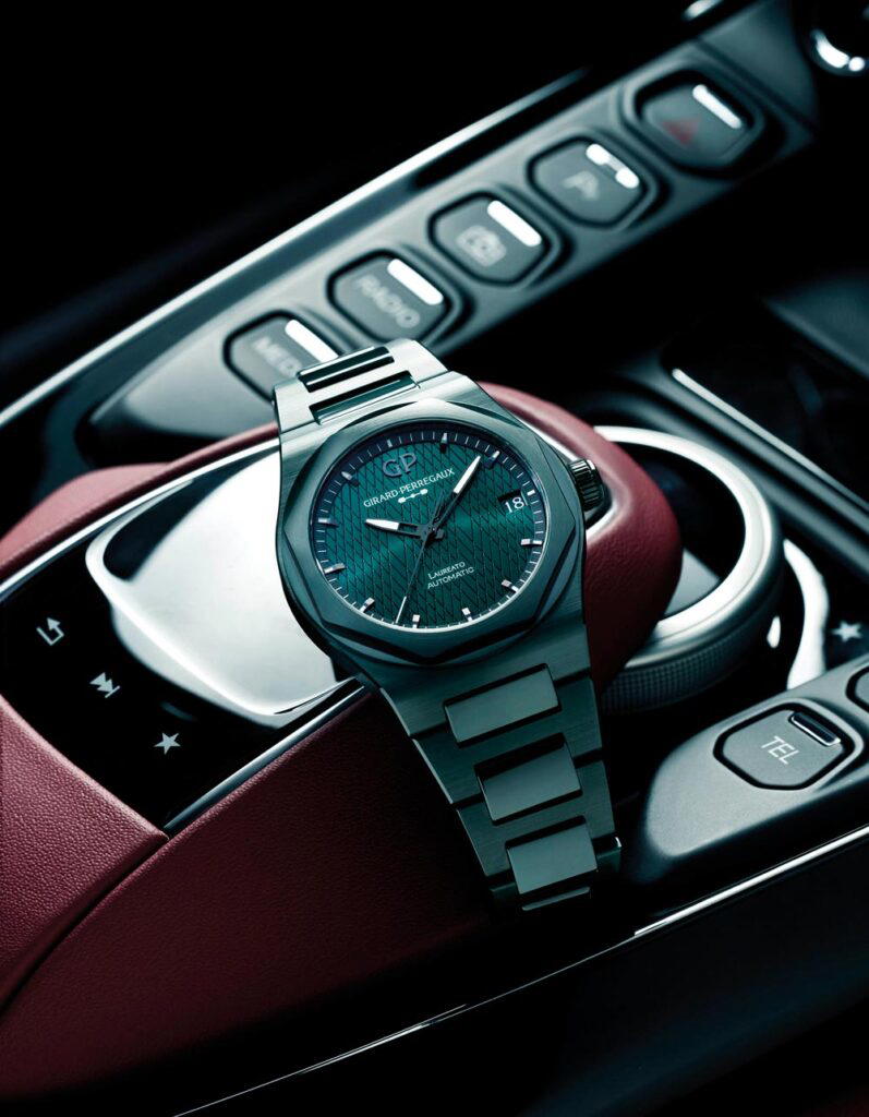 Laureato Green Ceramic Aston Martin Edition 42mm, photographed against the interiors of the Aston Martin Vantage (Credit: Ching Lee)