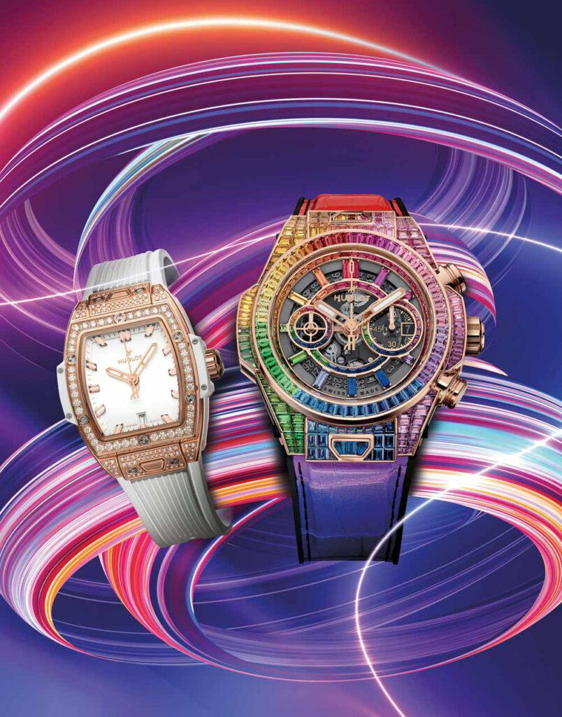 Spirit of Big Bang King Gold White Pavé in King Gold with diamonds, and Big Bang Unico High Jewellery King Gold Rainbow in King Gold with rubies, sapphires, amethysts, topazes, and tsavorites (Digital Imaging: Clementinus Liem)