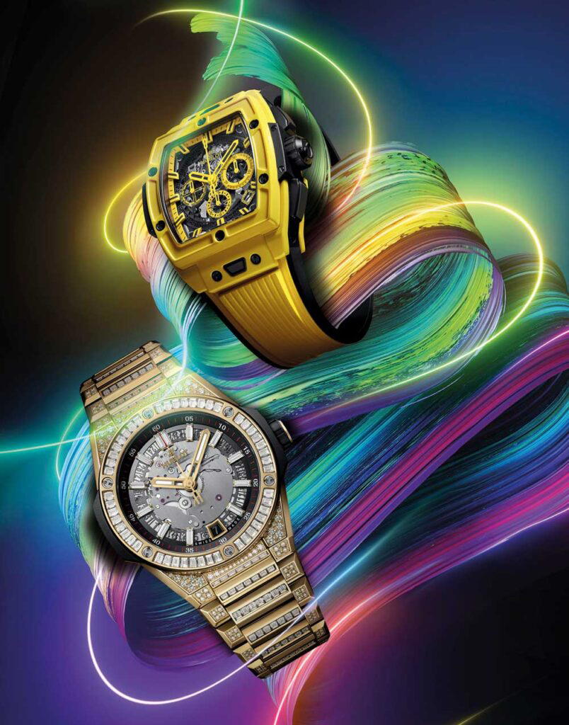 Big Bang Integrated Time Only Yellow Gold Jewellery in yellow gold with diamonds, and Spirit Of Big Bang Yellow Magic in ceramic (Digital Imaging: Clementinus Liem)