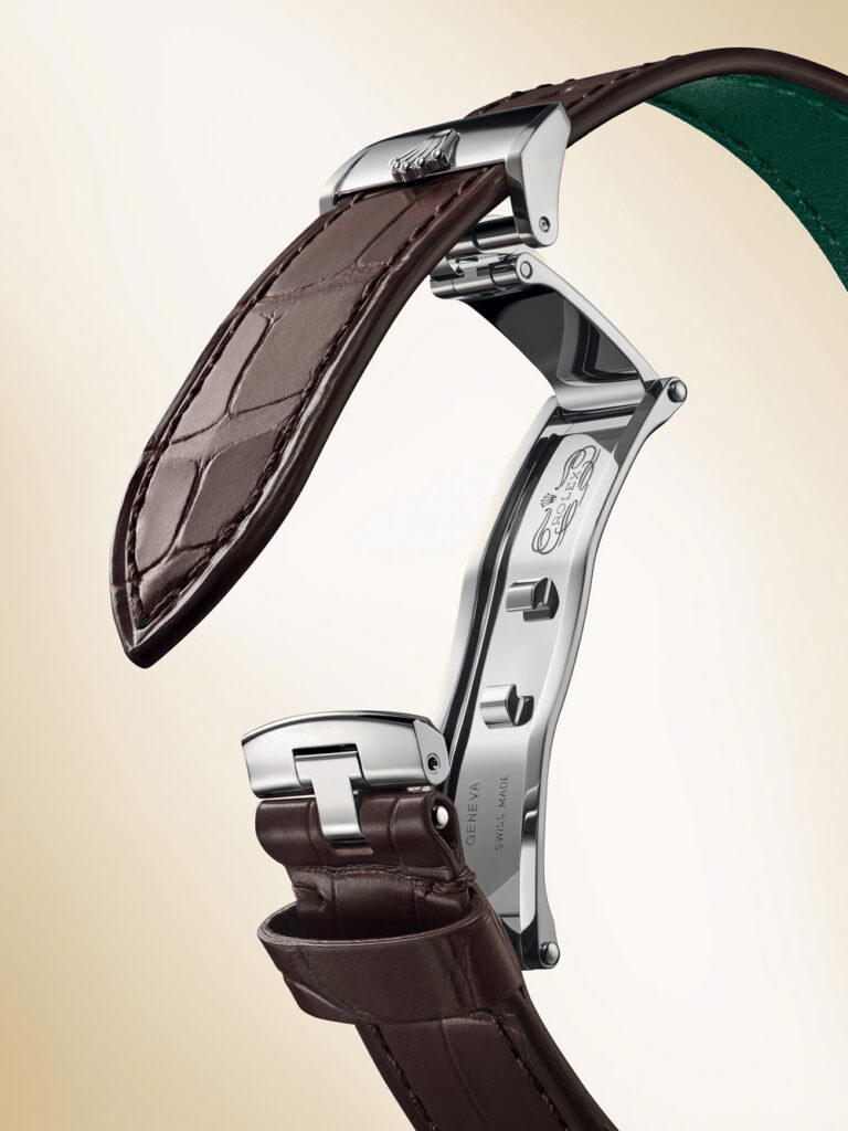Each alligator strap is equipped with a Dualclasp, a double folding clasp that ensures the watch always sits centred on the wrist (Credit: Rolex)