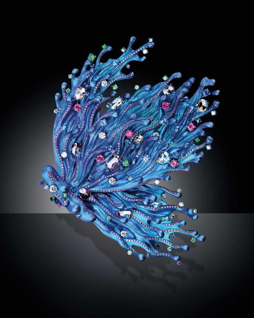 Eternal Butterfly I brooch in titanium with diamonds, sapphires, tsavorites, and a pearl in the back (Credit: Wallis Hong)