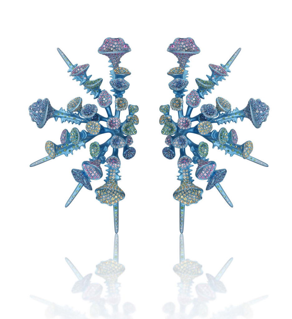 Thorn Shells earrings in titanium and white gold with sapphires, diamonds, and tsavorites (Credit: Wallis Hong)
