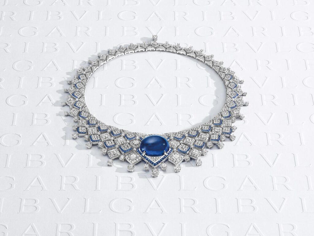 Southern Sapphire necklace in white gold with a 66.8-ct Sri Lankan cabochon sapphire of unparalleled clarity (Credit: Bulgari)