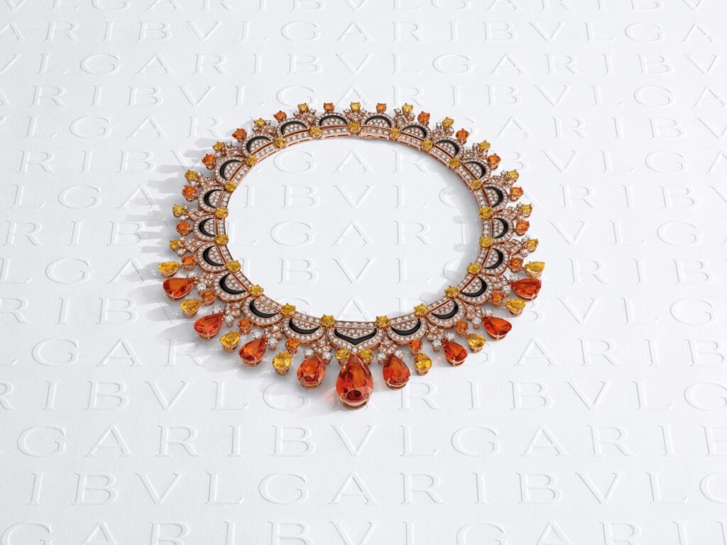 Oriental Fantasy necklace in pink gold with onyx, mother of pearl, mandarin garnets, citrines and diamonds (Credit: Bulgari)