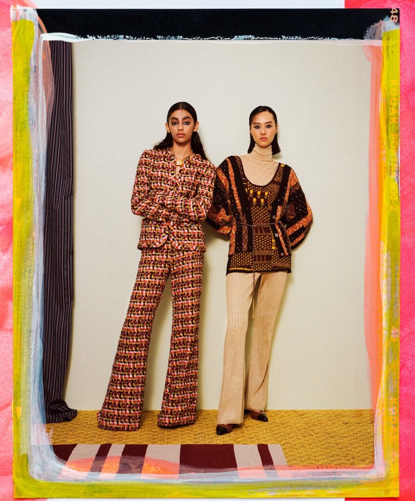 Left: Wool tweed jacket and trousers, and metal, lambskin and strass necklace. Right: Viscose and metallic fibre sweater and trousers, cashmere and wool knit top, embellished wool and cotton cotton cardigan, metal, glass and resin necklace (worn as a belt), and patent calfskin pumps, all from Chanel