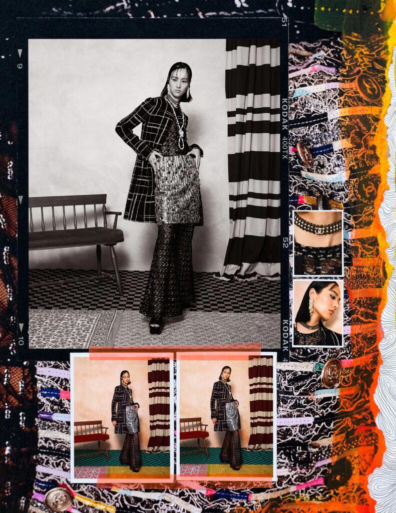 Glitter lace jumpsuit, cotton tweed coat, embroidered silk tulle skirt, metal, wood, glass and strass choker, metal, lambskin and strass long necklace, metal, lambskin and strass ring, and patent leather sandals, all from Chanel