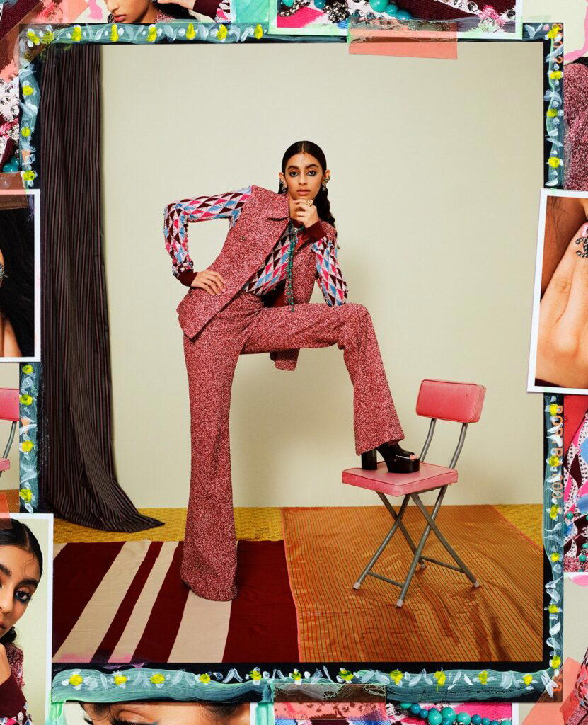 Glittered tweed vest and trousers, embellished wool and cotton sweater, metal, calfskin and strass earring, metal, glass and strass necklace, metal, lambskin and strass ring, and patent leather sandals, all from Chanel