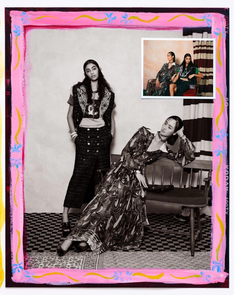 Left: Cotton tweed jacket and trousers, metal, lambskin and strass necklace, metal, glass and strass necklace, and metal, wood, glass and strass necklace. Right: Viscose jersey jacket and skirt, metal, glass and strass earrings, and patent leather sandals, all from Chanel