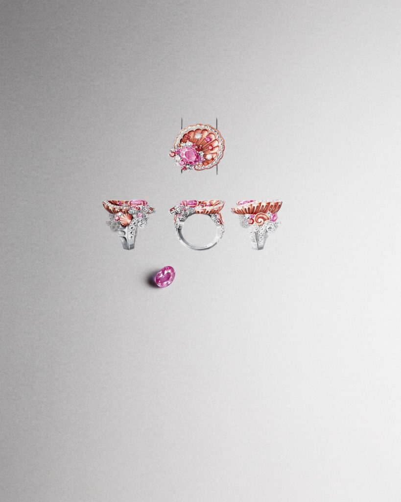 A gouache painting of the Ode à l’amour ring and its 4.04-ct Madagascan oval-cut pink sapphire central stone (Credit: Van Cleef & Arpels)