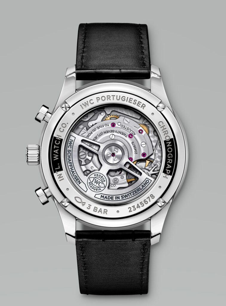 Back view of the Portugieser Chronograph Ref IW371615 showing the IWC-manufactured Calibre 69355 (Credit: IWC)