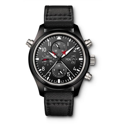 IW3799 Pilot’s Watch Double Chronograph Top Gun (2007): the first IWC Top Gun watch in black ceramic featuring a Double Chronograph (Credit: IWC)