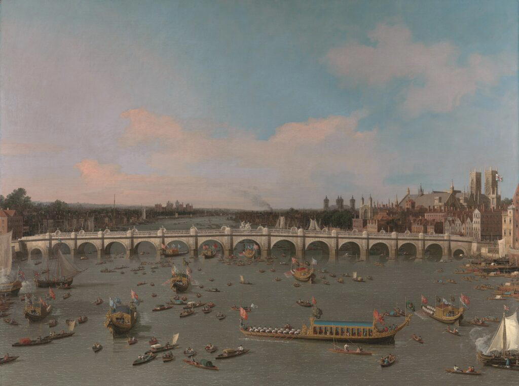 Westminster Bridge, with the Lord Mayor’s Procession on the Thames by Canaletto, 1747 (Credit: Scala Archives)