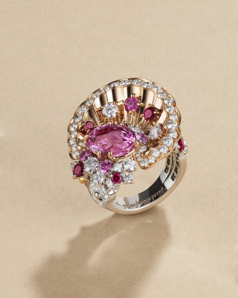 Ode à l’amour ring in rose and white gold with one 4.04-ct Madagascan oval-cut pink sapphire, rubies, pink sapphires and diamonds (Credit: Van Cleef & Arpels)