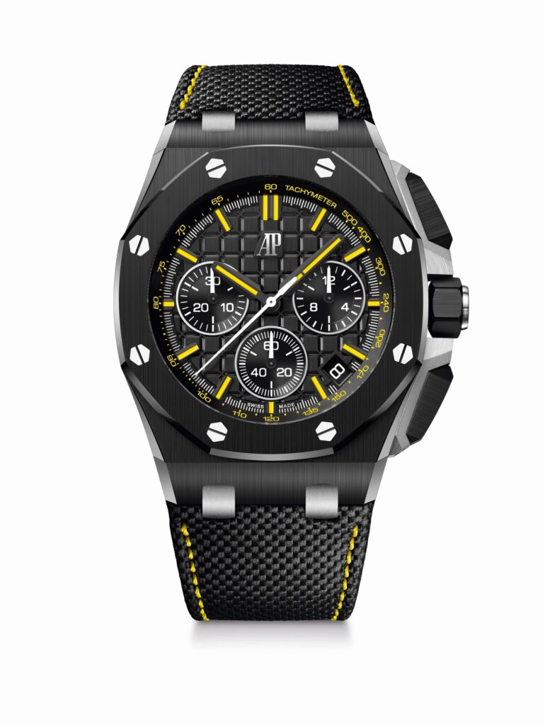 The new Royal Oak Offshore Selfwinding Chronograph 26420CE in black ceramic is inspired by the Royal Oak Offshore “End of Days”, released in 1999 with Arnold Schwarzenegger (Credit: Audemars Piguet)