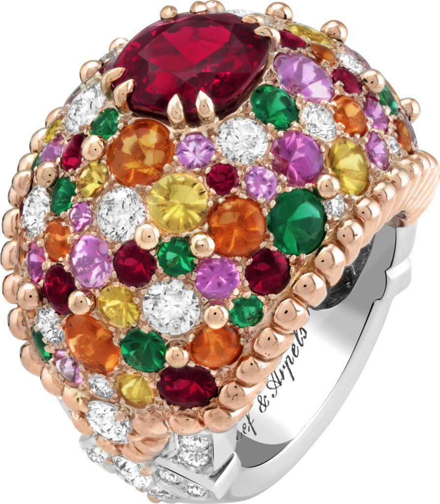 Schäppel ring in rose and white gold with a 3.28-ct cushion-cut ruby, emeralds, rubies, sapphires, garnets and diamonds (Credit: Van Cleef & Arpels)