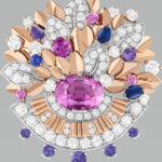 Symphonie végétale clip in white and rose gold with a 4.81-ct pink tourmaline, sapphires and diamonds (Credit: Van Cleef & Arpels)