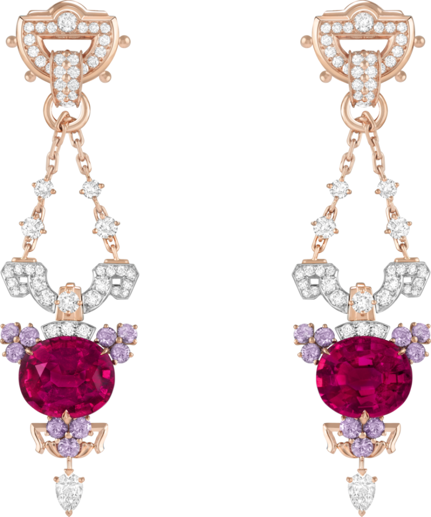 Lucendi earrings in rose and white gold with two oval-cut rubellites weighing 11.48 and 10.14 cts, mauve sapphires and diamonds (Credit: Van Cleef & Arpels)